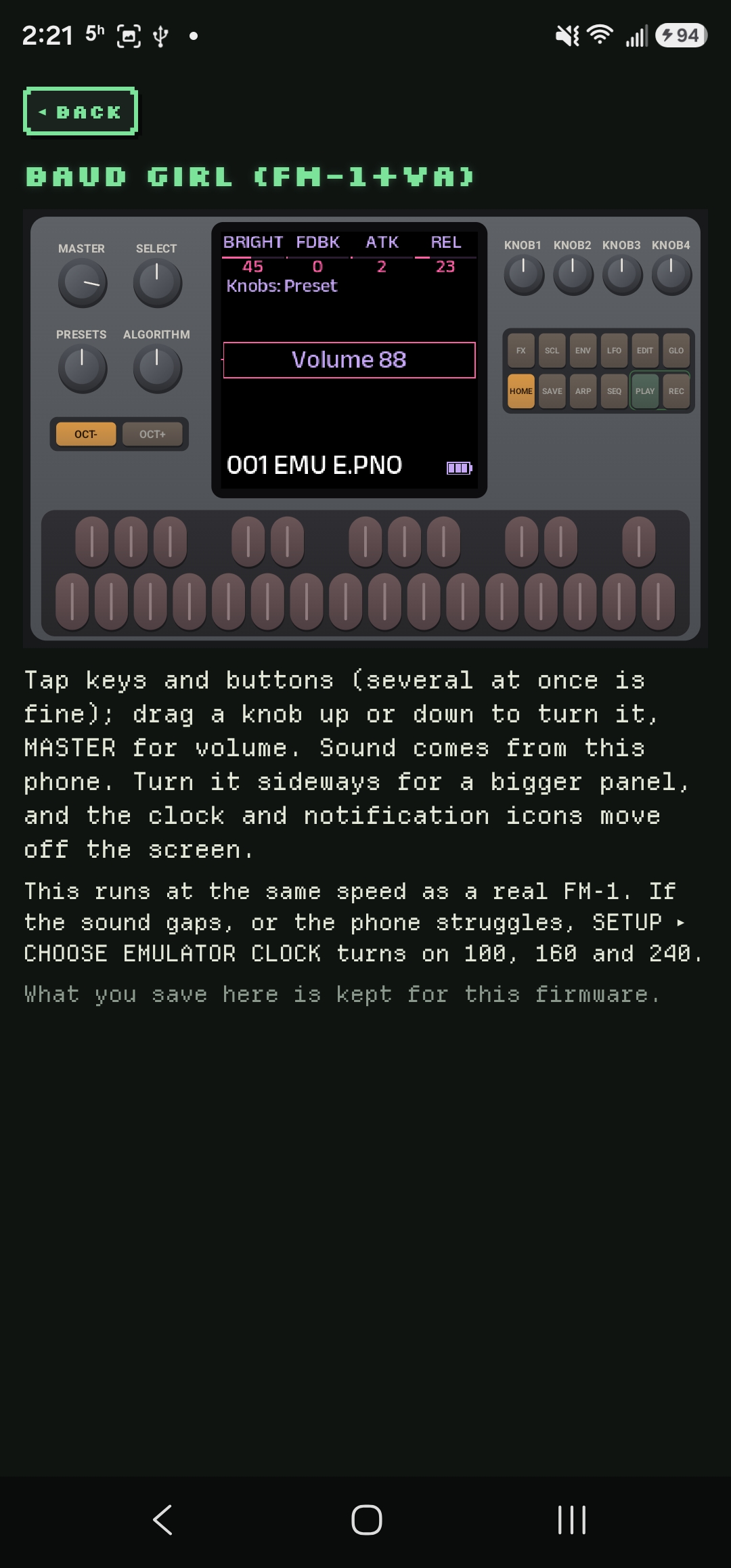 Baud Girl on the virtual FM-1 in portrait, realistic panel, electric piano patch 001 EMU E.PNO.