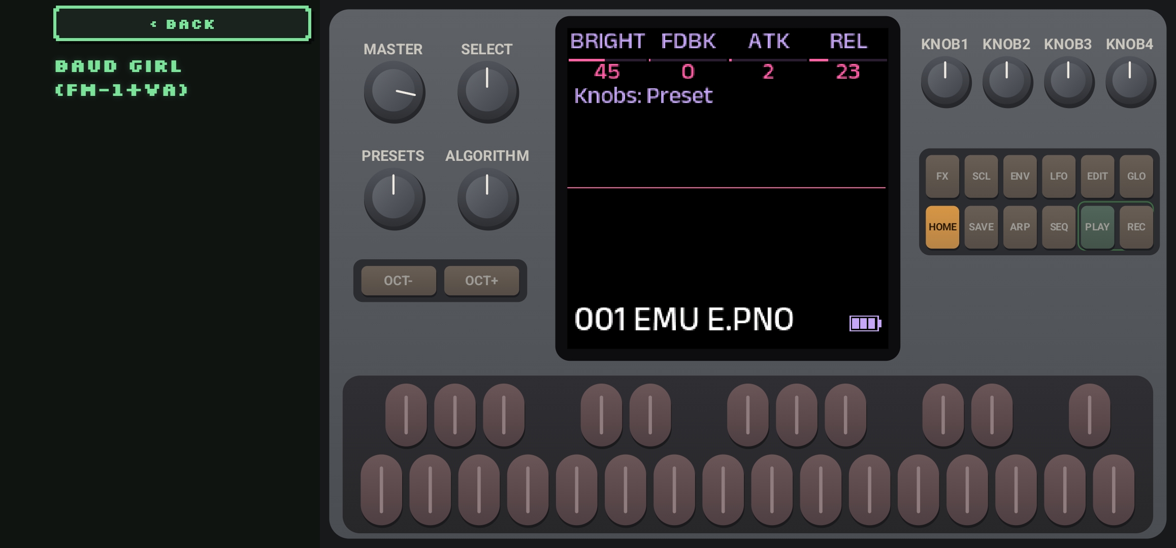 Baud Girl running sideways with the realistic panel, an electric piano patch on the screen.