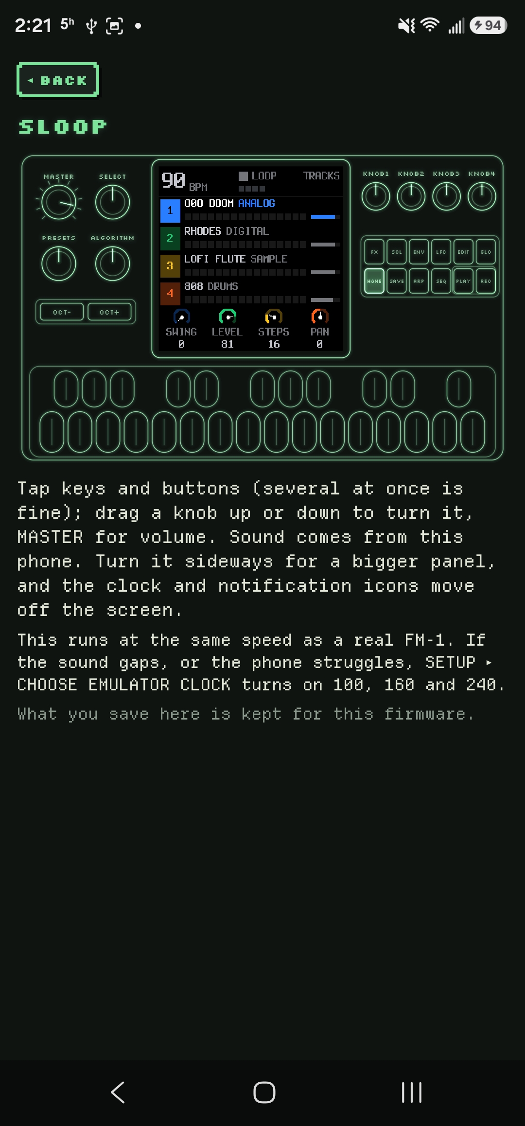 SLOOP on the virtual FM-1 in portrait, phosphor panel, four sequencer tracks on the screen, and the TRY instructions underneath.