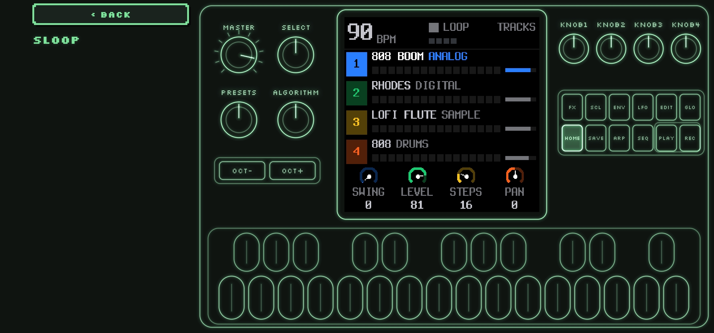 SLOOP running sideways on the virtual FM-1, sequencer screen showing four tracks.